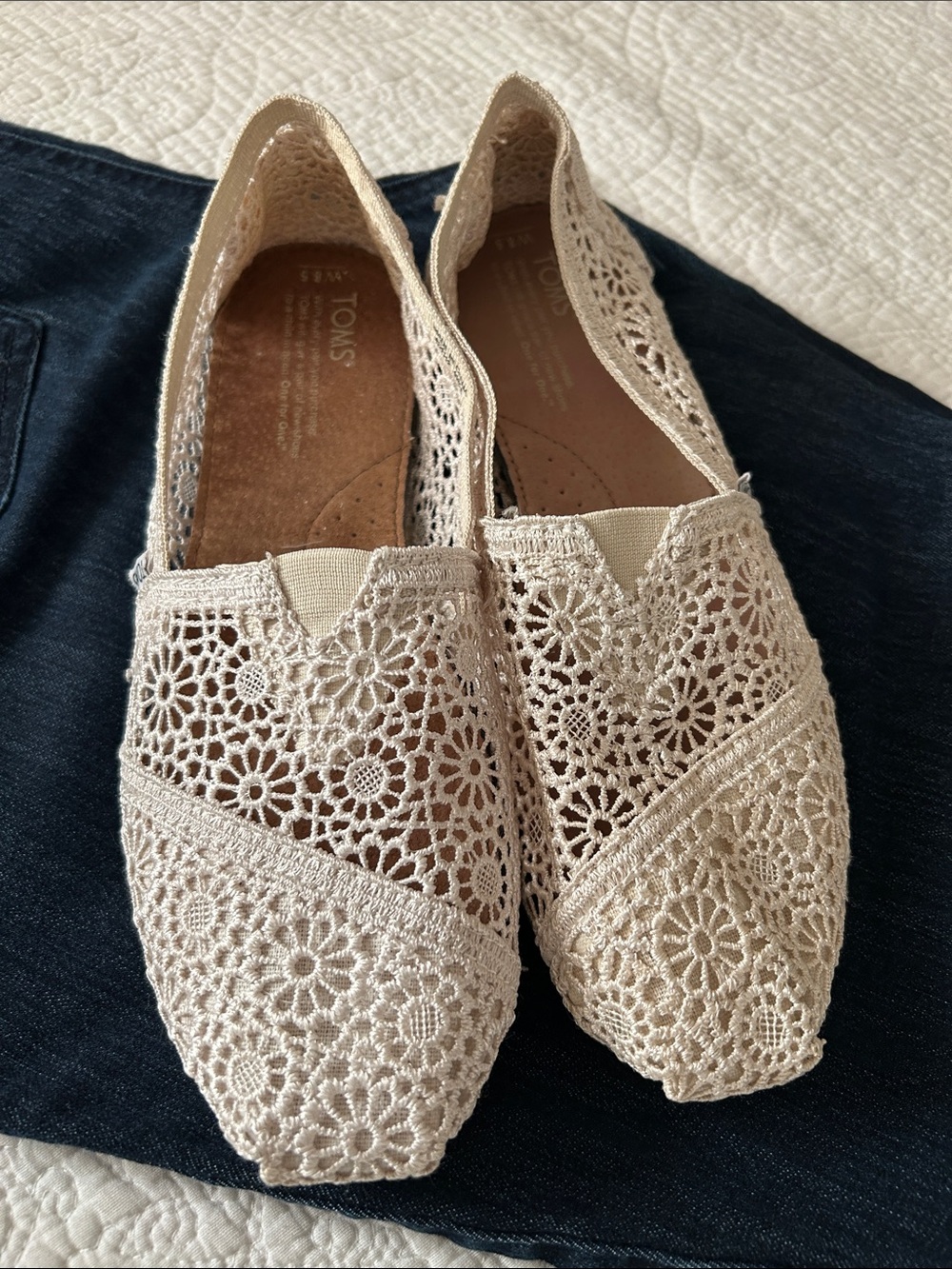 TOMS Crochet Lace Slip-On Flats in Ivory cream